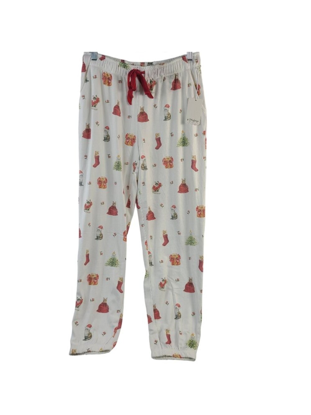 NEW P.J. Salvage Ivory Holiday Cat Print Pajama Pants With Red Bow Size M